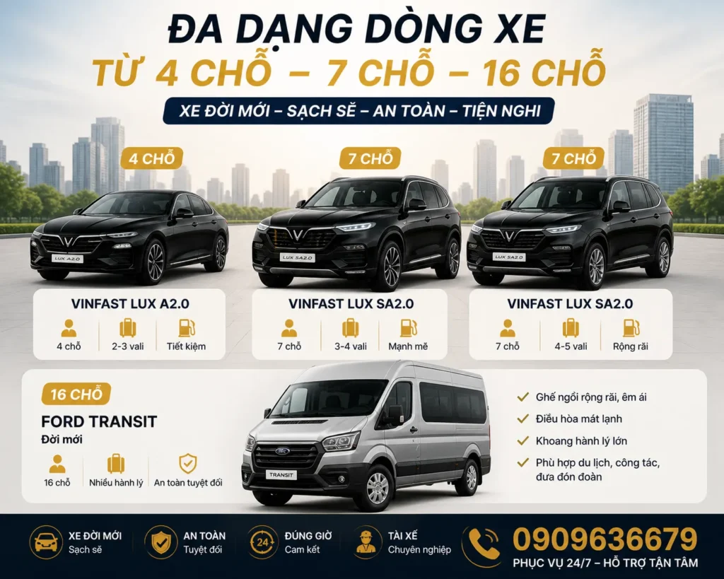 Thuê Xe Đưa Đón Sân Bay Tân Sơn Nhất – Giải Pháp Di Chuyển Thoải Mái Sau Chuyến Bay Dài 13 Đa dạng dòng xe từ 4 chỗ đến limousine cao cấp