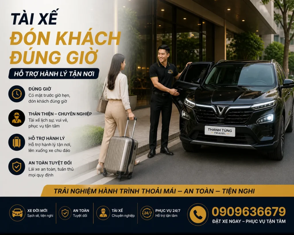 Thuê Xe Đưa Đón Sân Bay Tân Sơn Nhất – Giải Pháp Di Chuyển Thoải Mái Sau Chuyến Bay Dài 16 Tài xế đón khách đúng giờ, hỗ trợ hành lý tận nơi