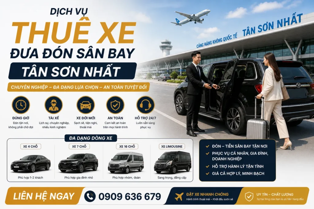 Thuê Xe Đưa Đón Sân Bay Tân Sơn Nhất – Giải Pháp Di Chuyển Thoải Mái Sau Chuyến Bay Dài 12 Dịch vụ thuê xe đưa đón sân bay Tân Sơn Nhất chuyên nghiệp, đa dạng lựa chọn