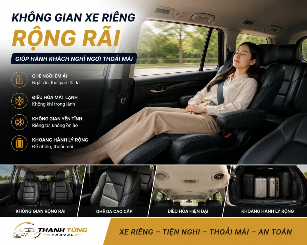 Thuê Xe Đưa Đón Sân Bay Tân Sơn Nhất – Giải Pháp Di Chuyển Thoải Mái Sau Chuyến Bay Dài 11 Không gian xe riêng rộng rãi giúp hành khách nghỉ ngơi thoải mái