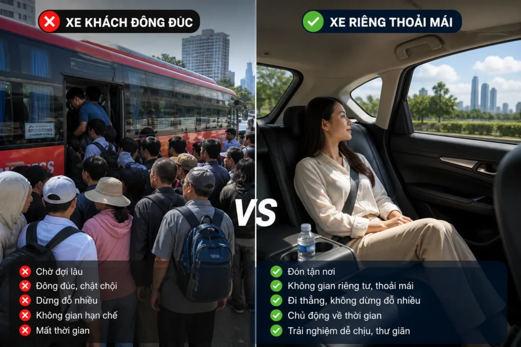 Thuê Xe Liên Tỉnh – Lên Xe Là Đi, Không Chờ Đợi 14 So sánh trải nghiệm giữa xe khách và thuê xe liên tỉnh riêng từ Sài Gòn