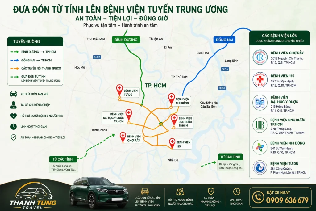 Dịch Vụ Đưa Đón Khám Bệnh Tại Bình Dương, Đồng Nai, TP.HCM Uy Tín 24/7 10 Dịch vụ đưa đón khám bệnh đến các bệnh viện lớn tại TP.HCM