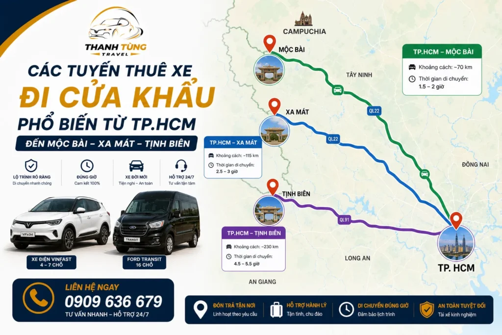 Quy Trình Thuê Xe Đi Cửa Khẩu Nhanh Gọn Chỉ 3 Bước 13 Các tuyến thuê xe đi cửa khẩu phổ biến từ TP.HCM đến Mộc Bài, Xa Mát, Tịnh Biên